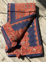 Deep Blue with Brick Coloured Ajrakh Patchwork Saree