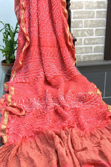 Peach Coloured Pure Creap Jhankar Rai Bandhej Saree