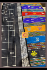 Pure Silk- Black checkered Double Pallu Berhampuri Saree