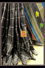 Pure Silk- Black checkered Double Pallu Berhampuri Saree