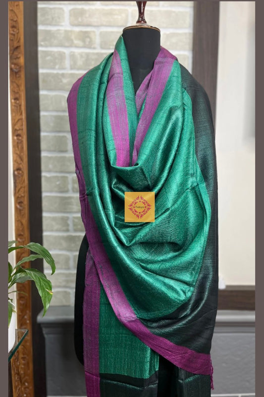 Bottle Green Pure Tussar Silk Dupatta with Pink Border