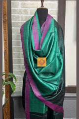 Bottle Green Pure Tussar Silk Dupatta with Pink Border