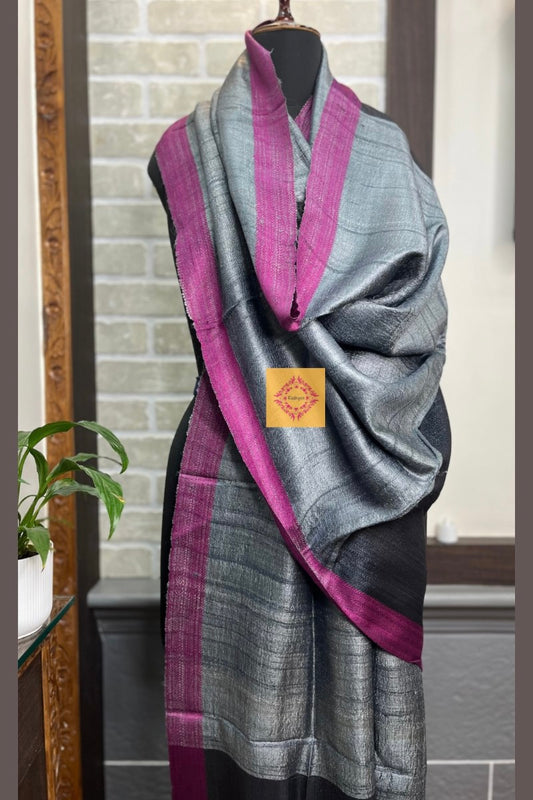 Grey Pure Tussar Silk Dupatta with Pink Border