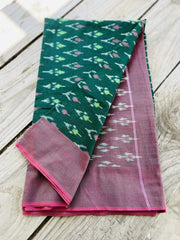 Cotton Ikkat Bottle Green Saree with Pink Pallu