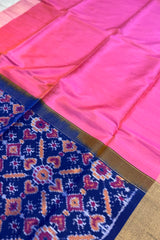 Pink Pure Raw Silk Saree with Royal Blue woven Ikkat Pallu and Blouse