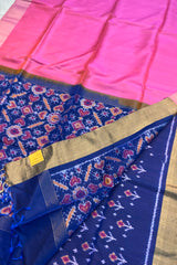 Pink Pure Raw Silk Saree with Royal Blue woven Ikkat Pallu and Blouse