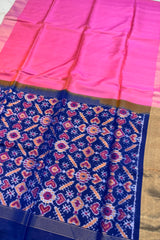 Pink Pure Raw Silk Saree with Royal Blue woven Ikkat Pallu and Blouse