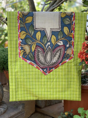 Green Checkered Hand Painted Kalamkari Yoke on Khadi Cotton