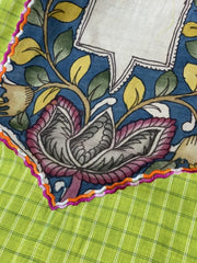 Green Checkered Hand Painted Kalamkari Yoke on Khadi Cotton
