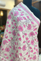 White and Pink Pure Tussar Silk Kantha Dupatta