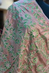 Light Peach with Green embroidered Pure Tussar Silk Kantha Dupatta