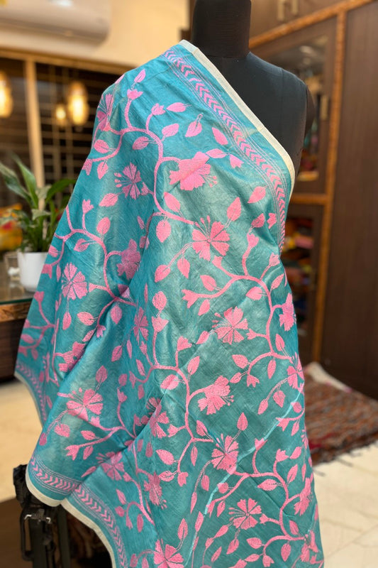 Sky Blue with Pink Embroidery Pure Silk Kantha Dupatta