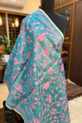 Sky Blue with Pink Embroidery Pure Silk Kantha Dupatta