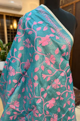 Sky Blue with Pink Embroidery Pure Silk Kantha Dupatta