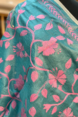 Sky Blue with Pink Embroidery Pure Silk Kantha Dupatta