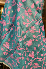 Sky Blue with Pink Embroidery Pure Silk Kantha Dupatta