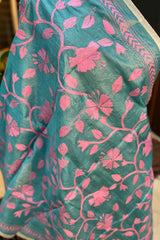 Sky Blue with Pink Embroidery Pure Silk Kantha Dupatta