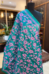 Peacock Blue with Pink Embroidery Pure Tussar Silk Kantha Dupatta