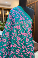 Peacock Blue with Pink Embroidery Pure Tussar Silk Kantha Dupatta