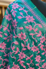 Peacock Blue with Pink Embroidery Pure Tussar Silk Kantha Dupatta