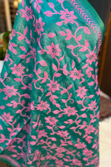 Peacock Blue with Pink Embroidery Pure Tussar Silk Kantha Dupatta