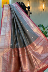 Light Grey Pure Raw Silk Banarasi Saree