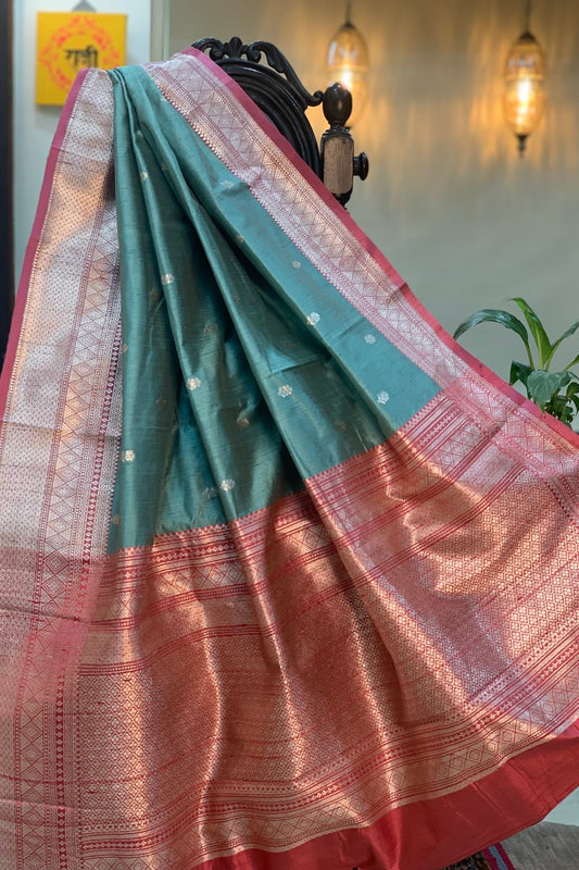Light Teal Green Pure Raw Silk Banarasi Saree