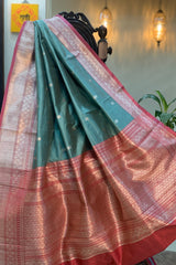 Light Teal Green Pure Raw Silk Banarasi Saree