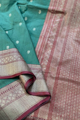 Light Teal Green Pure Raw Silk Banarasi Saree