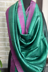 Bottle Green Pure Tussar Silk Dupatta with Pink Border