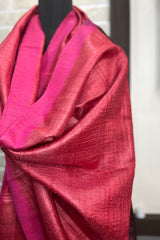 Dark Peach coloured Pure Tussar Silk Dupatta with vibrant Hot Pink Border