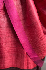 Dark Peach coloured Pure Tussar Silk Dupatta with vibrant Hot Pink Border