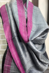 Grey Pure Tussar Silk Dupatta with Pink Border
