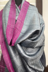 Grey Pure Tussar Silk Dupatta with Pink Border