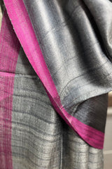 Grey Pure Tussar Silk Dupatta with Pink Border