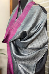 Grey Pure Tussar Silk Dupatta with Pink Border