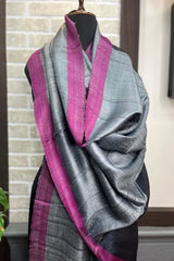 Grey Pure Tussar Silk Dupatta with Pink Border