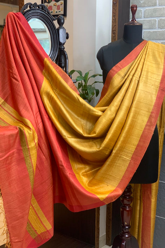 Pure Tussar Silk Yellow saree with orange pallu and border
