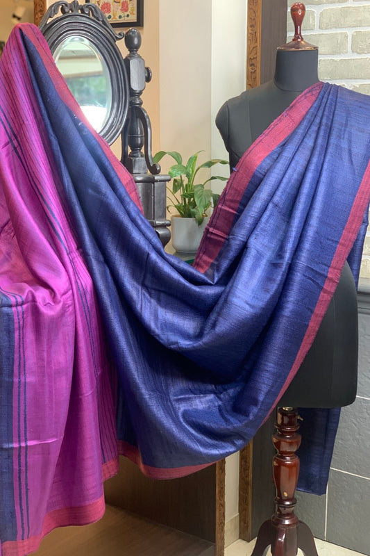 Pure Tussar silk midnight blue saree with magenta border and pallu