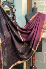Wine coloured pure matka silk saree with golden zari border and sequins pallu