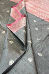 Light Grey Pure Raw Silk Banarasi Saree