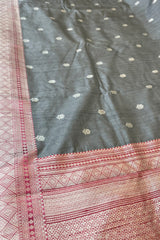 Light Grey Pure Raw Silk Banarasi Saree