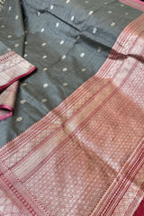 Light Grey Pure Raw Silk Banarasi Saree