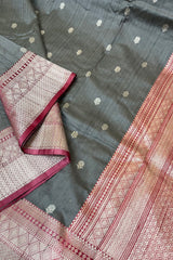 Light Grey Pure Raw Silk Banarasi Saree