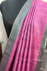 Pure Tussar Silk Pink saree with Green pallu and border