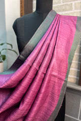 Pure Tussar Silk Pink saree with Green pallu and border