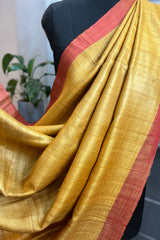 Pure Tussar Silk Yellow saree with orange pallu and border