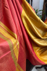 Pure Tussar Silk Yellow saree with orange pallu and border