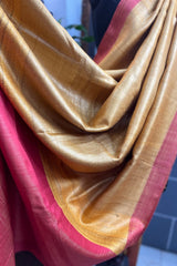 Pure Tussar Silk Yellow saree with orange pallu and border