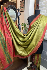 Pure Tussar Silk Parrot Green saree with orange border and pallu